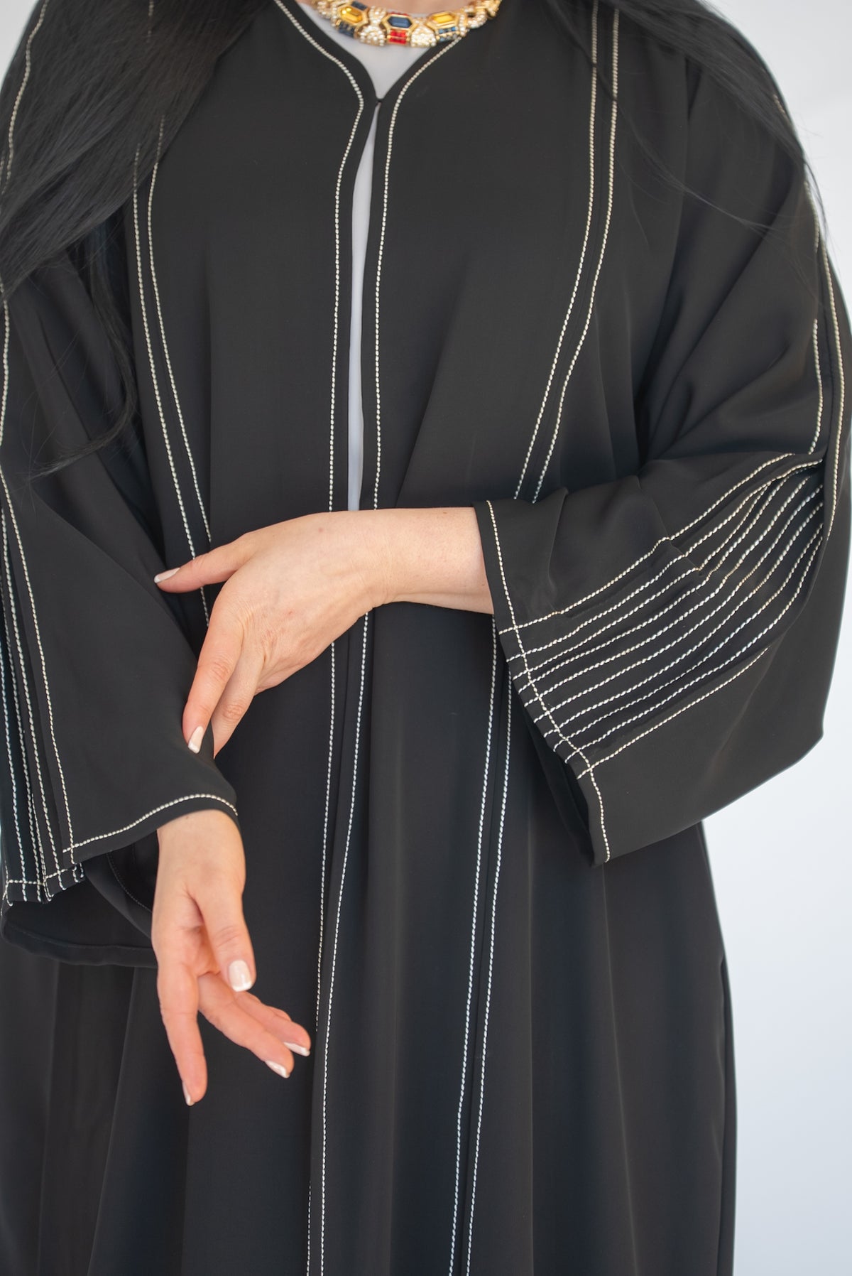 Black Silver Pinstripe Open Abaya
