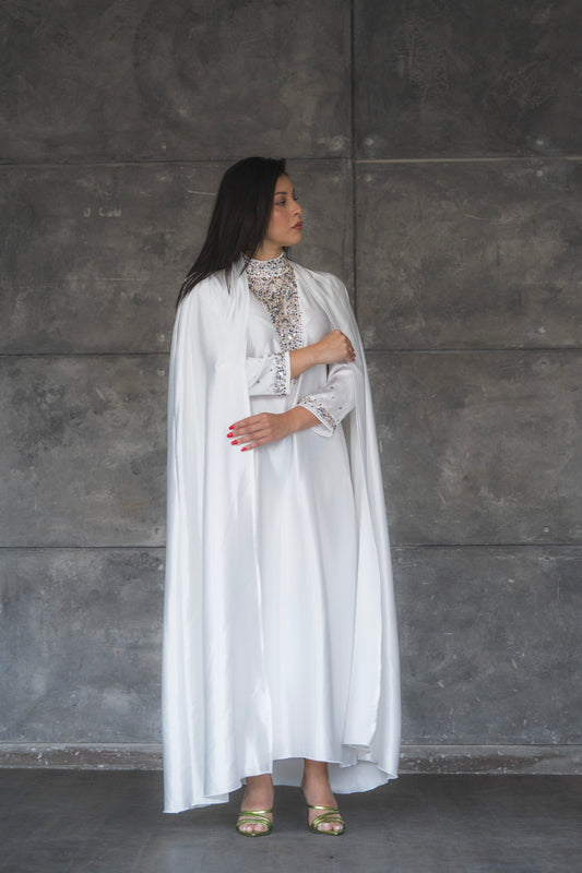 Fatima White Silk 2 Pieces Abaya Dress Code 001