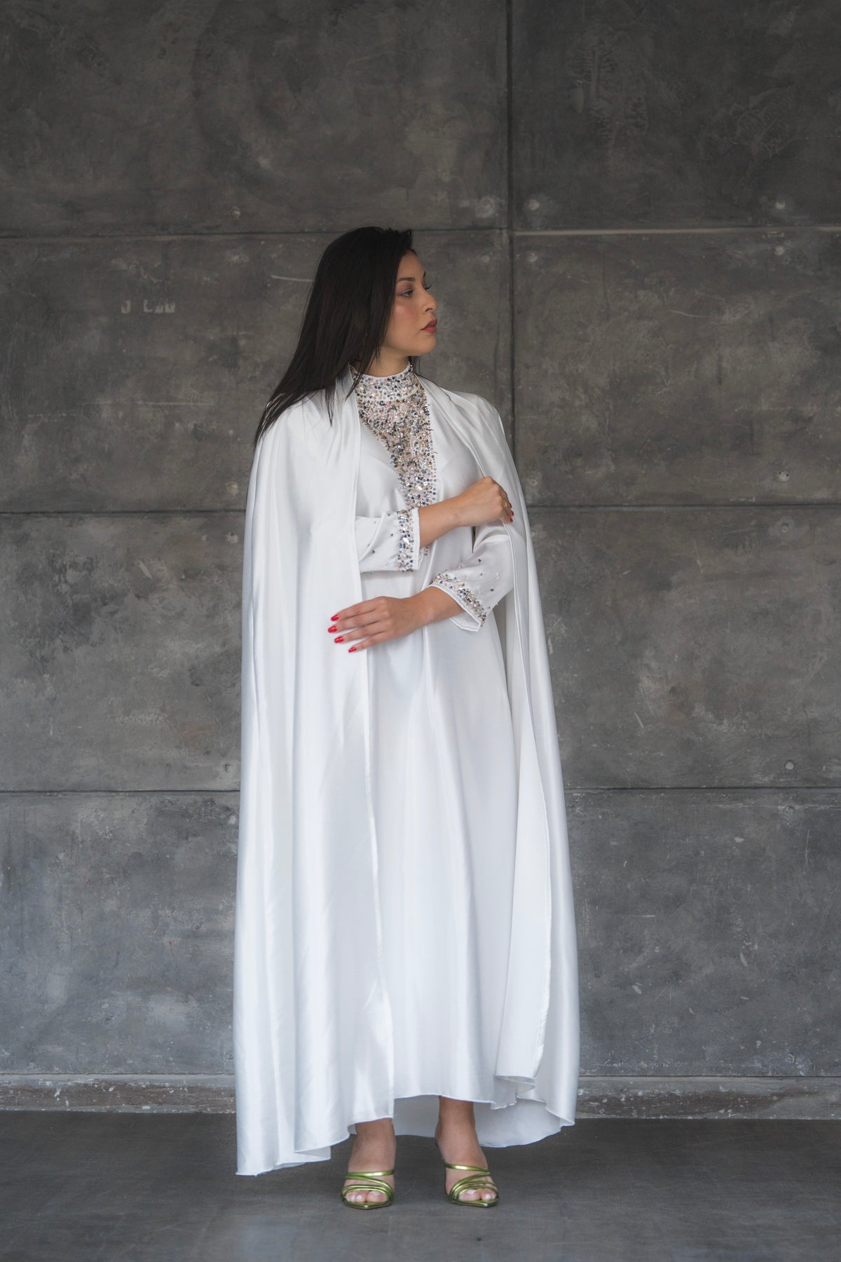 Fatima White Silk 2 Pieces Abaya Dress Code 001