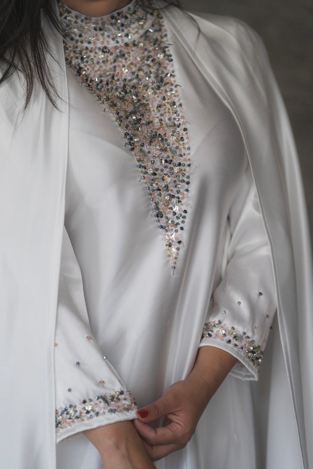 Fatima White Silk 2 Pieces Abaya Dress Code 001