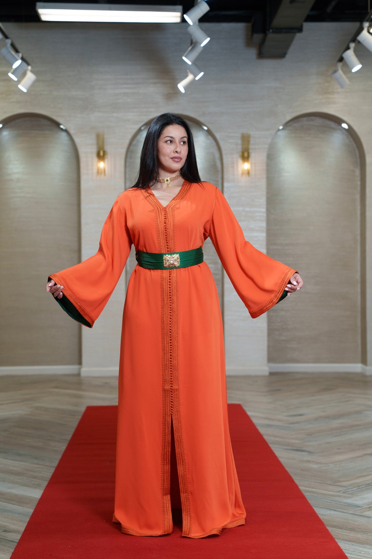 Sunset Orange Trimmed Moroccan Kaftan with Emerald Lining