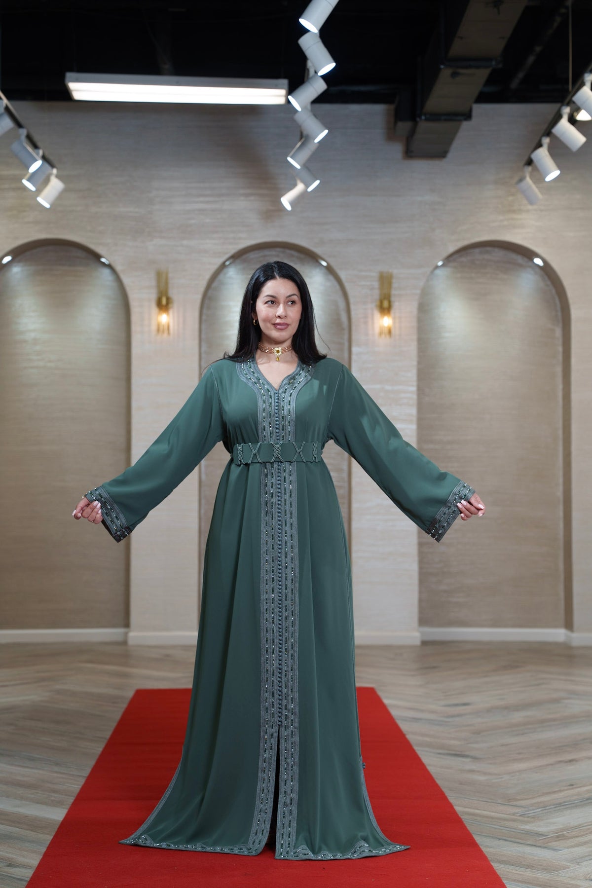 Sage Green Silver Embroidered Moroccan Kaftan