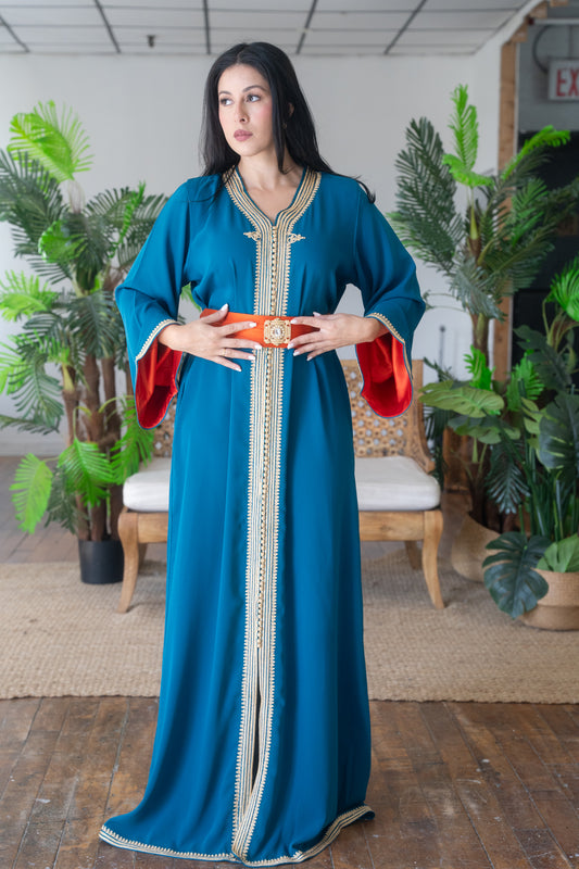 Teal and Coral Embroidered Caftan