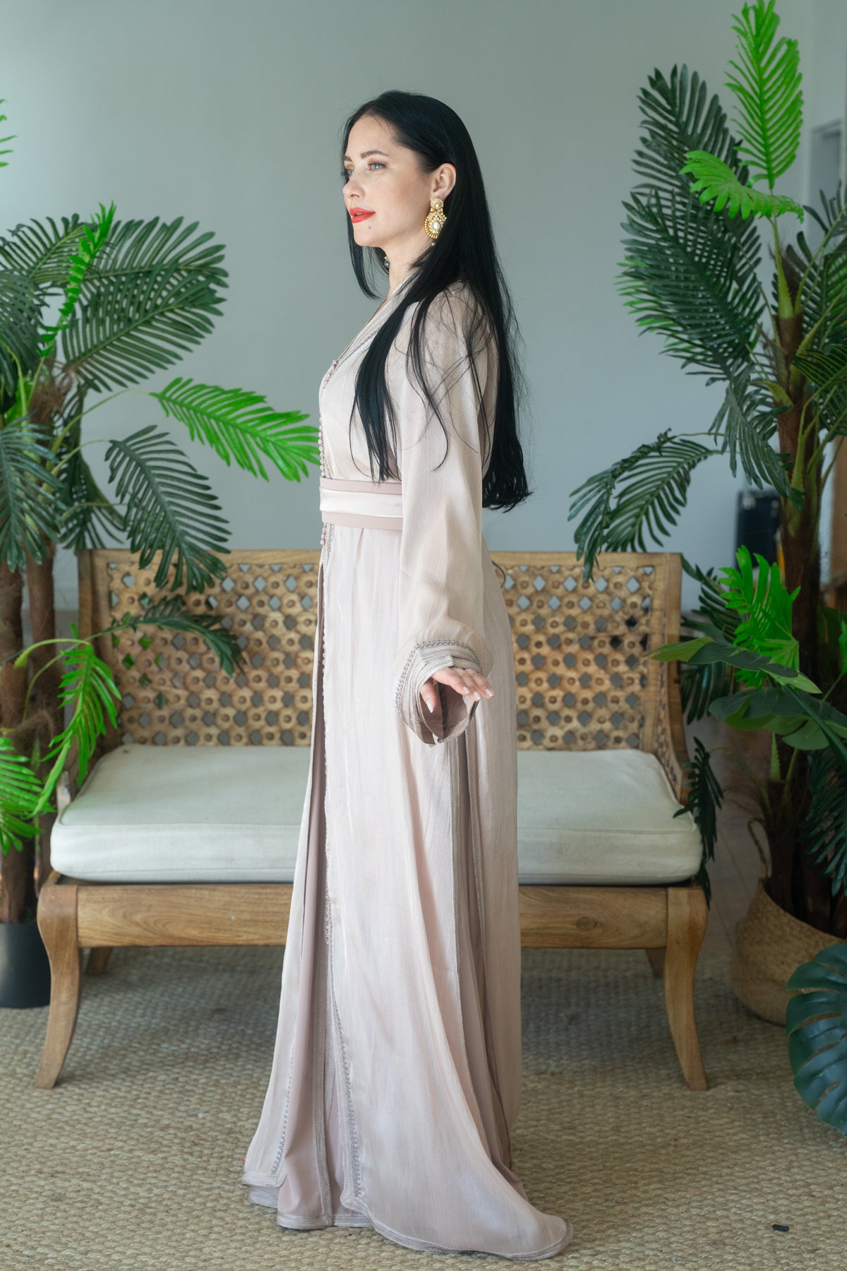 Champagne Tonal Embroidered Organza Kaftan
