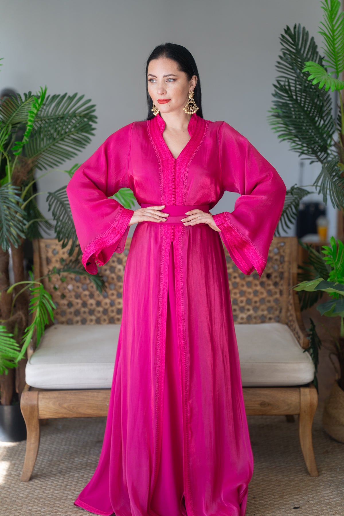 Fuchsia Silk Embroidered Caftan