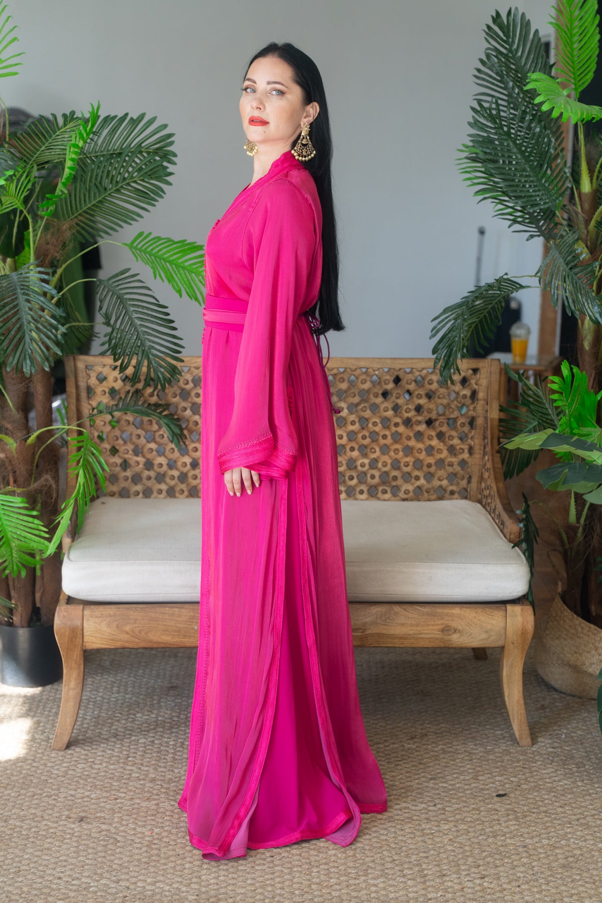 Fuchsia Silk Embroidered Caftan