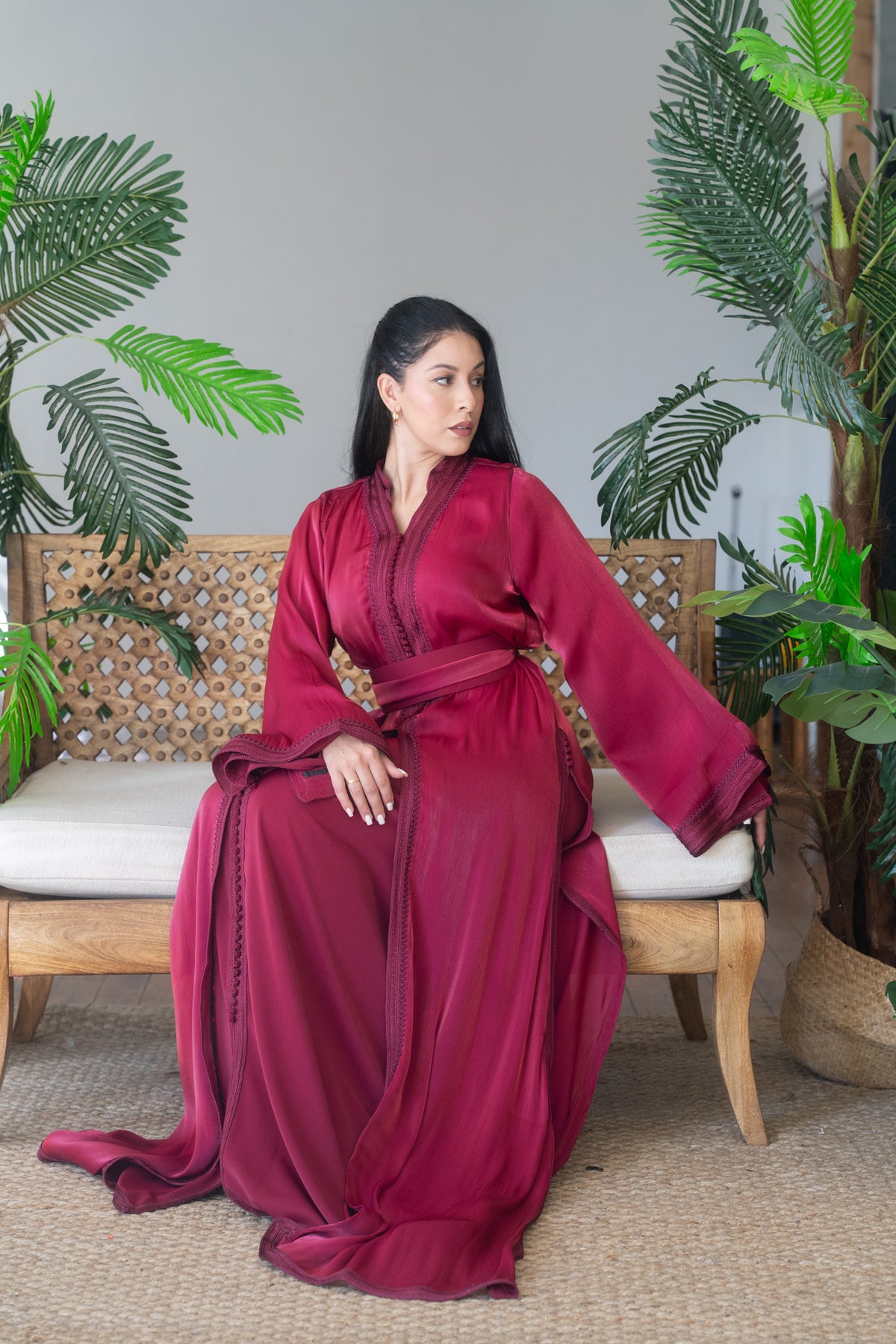 Garnet Tonal Embroidered Satin Crepe Kaftan