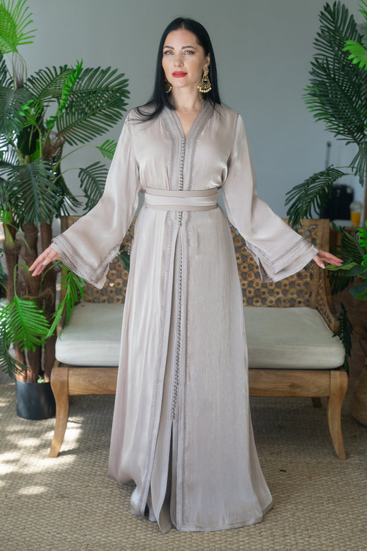 Pearl Taupe Silk Embroidered Caftan
