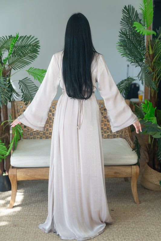 Pearl Taupe Silk Embroidered Caftan