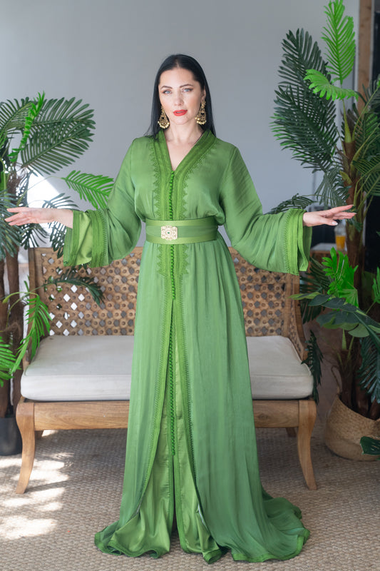 Olive Silk Embroidered Caftan