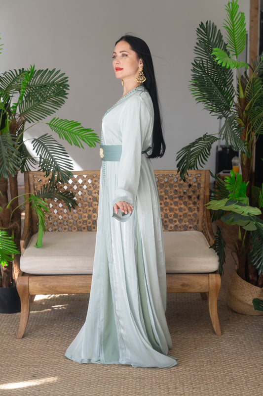 Sage Green Silk Embroidered Caftan