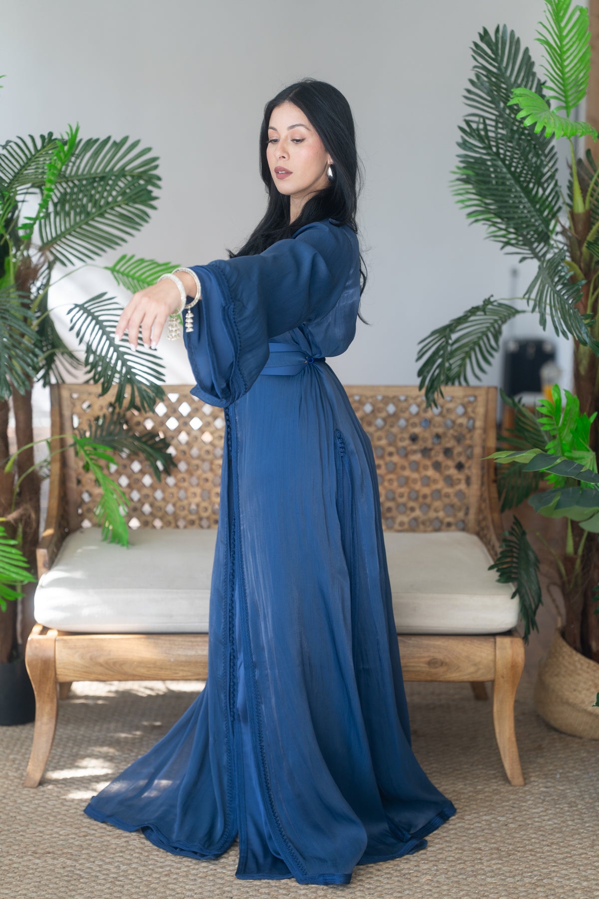 Deep Navy Tonal Embroidered Satin Crepe Kaftan