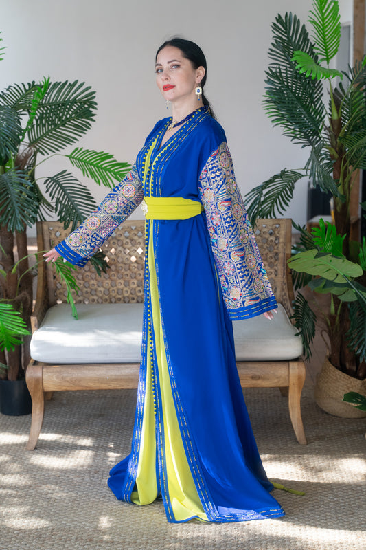 Royal Majestic Blue & Chartreuse Embroidered Caftan