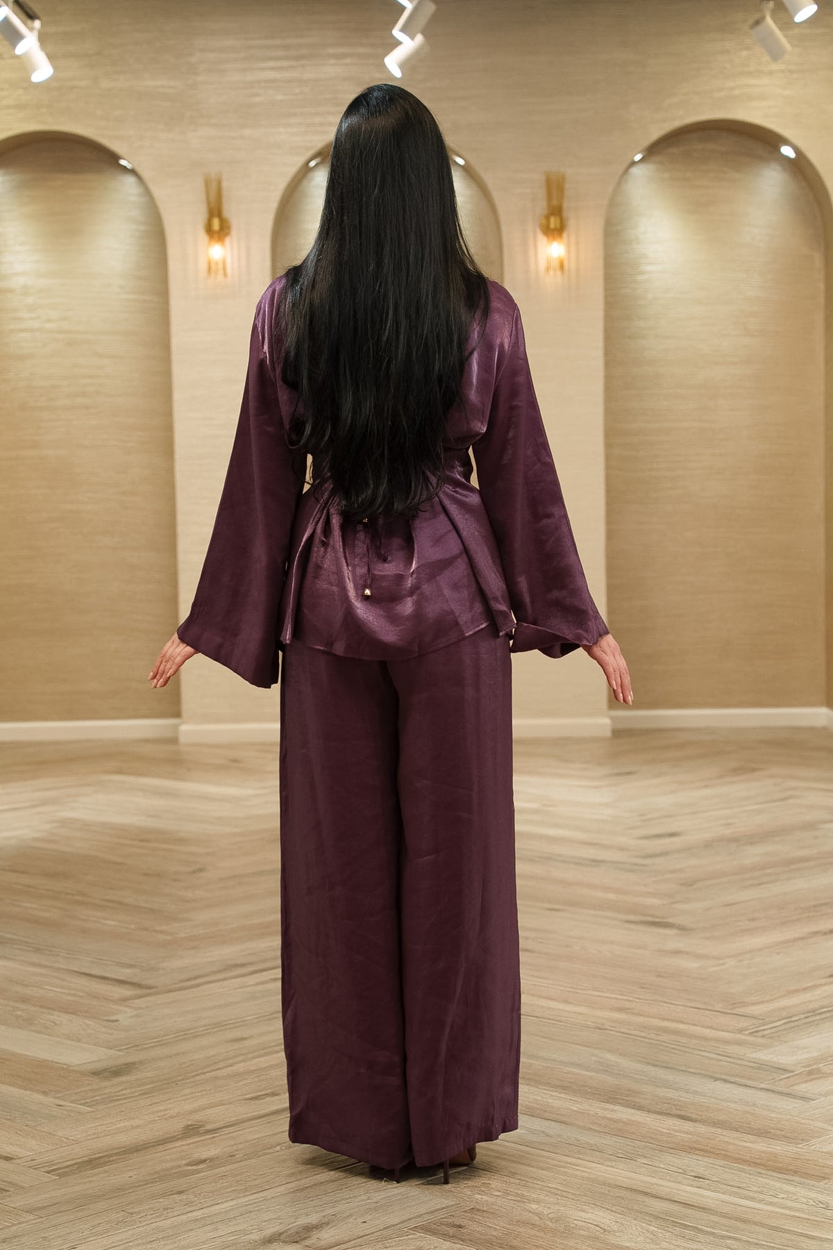 Sophia Satin Draped Blouse & Palazzo Pants 2-Piece Set