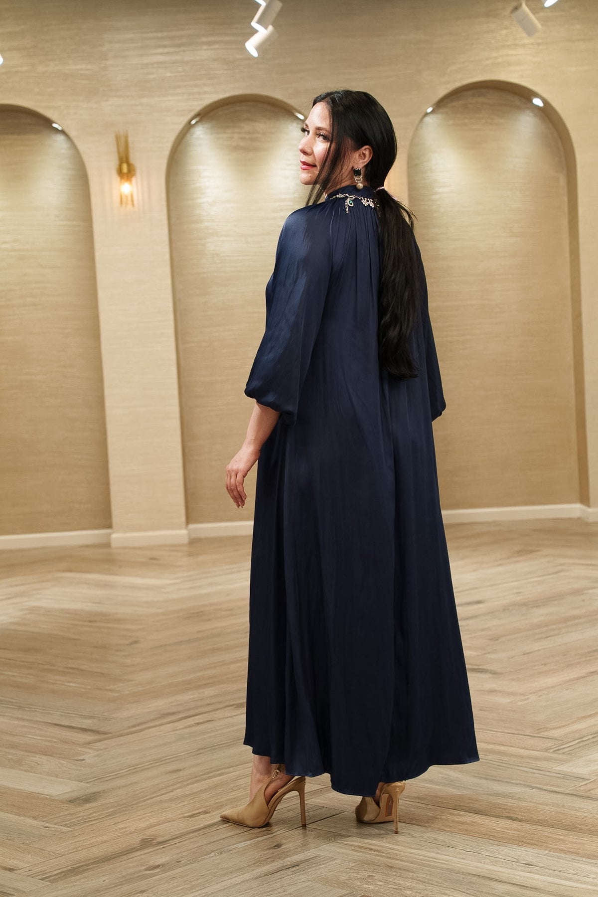 Grace Embellished Balloon Sleeve A-Line Midi Dress