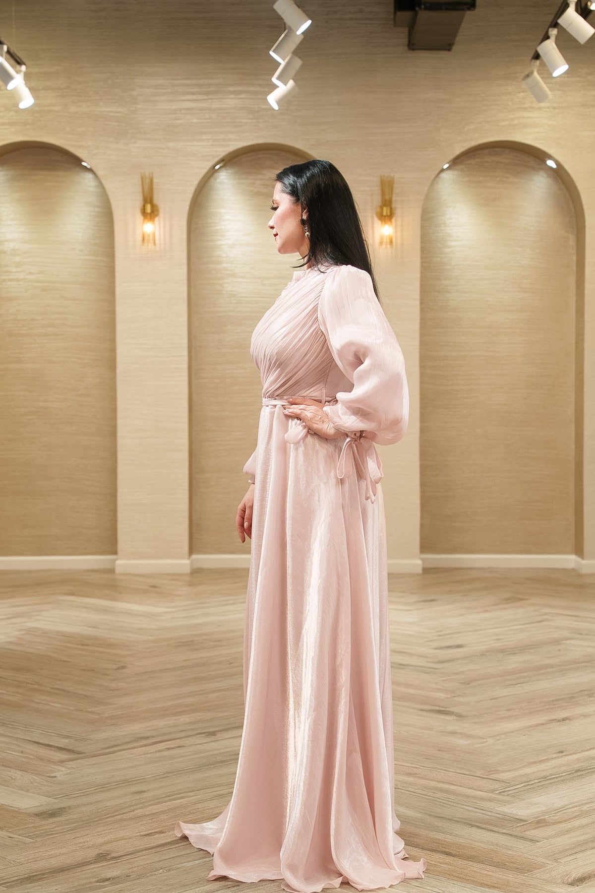 Ethereal Grace Pleated Shimmer A-Line Evening Gown