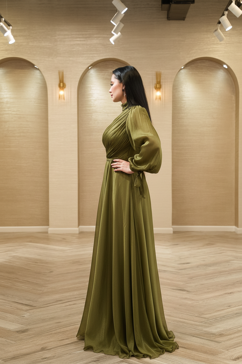 Ethereal Grace Pleated Shimmer A-Line Evening Gown