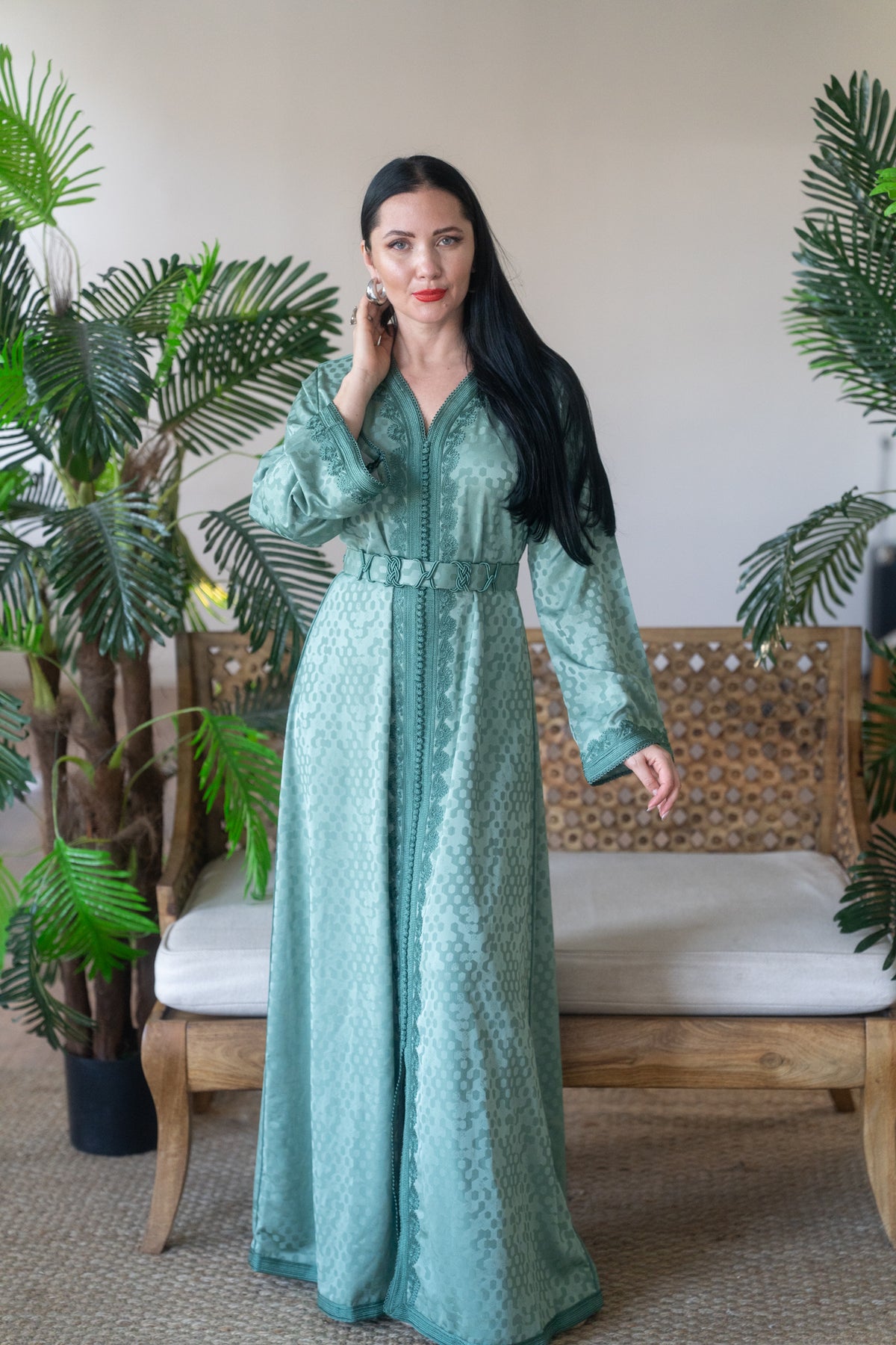 Emerald Jacquard Satin Embroidered Kaftan with Belt