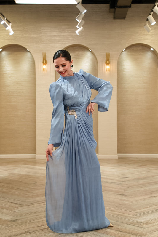 Aurora Pleated Organza Evening Gown with Crystal Brooch