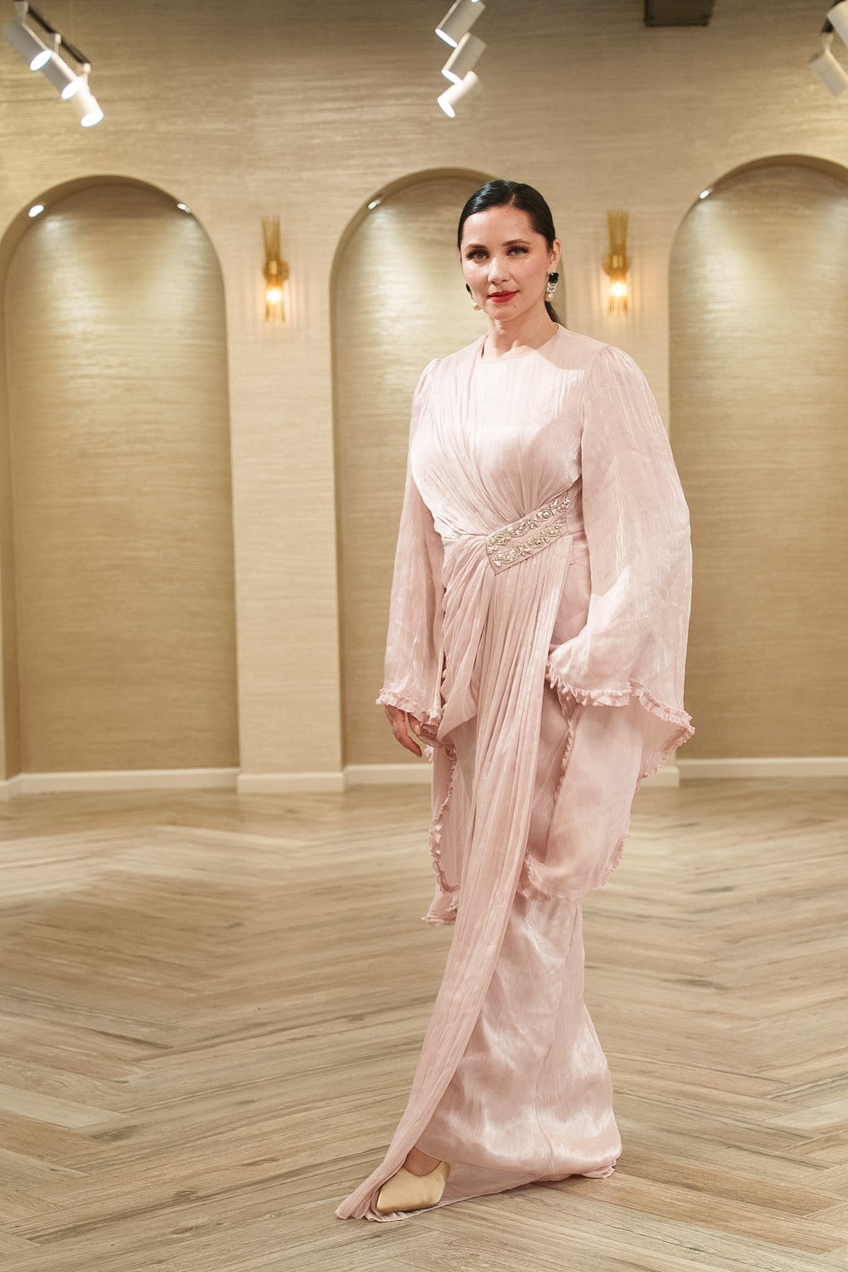 Seraphina Draped Organza Evening Gown with Cape Sleeves