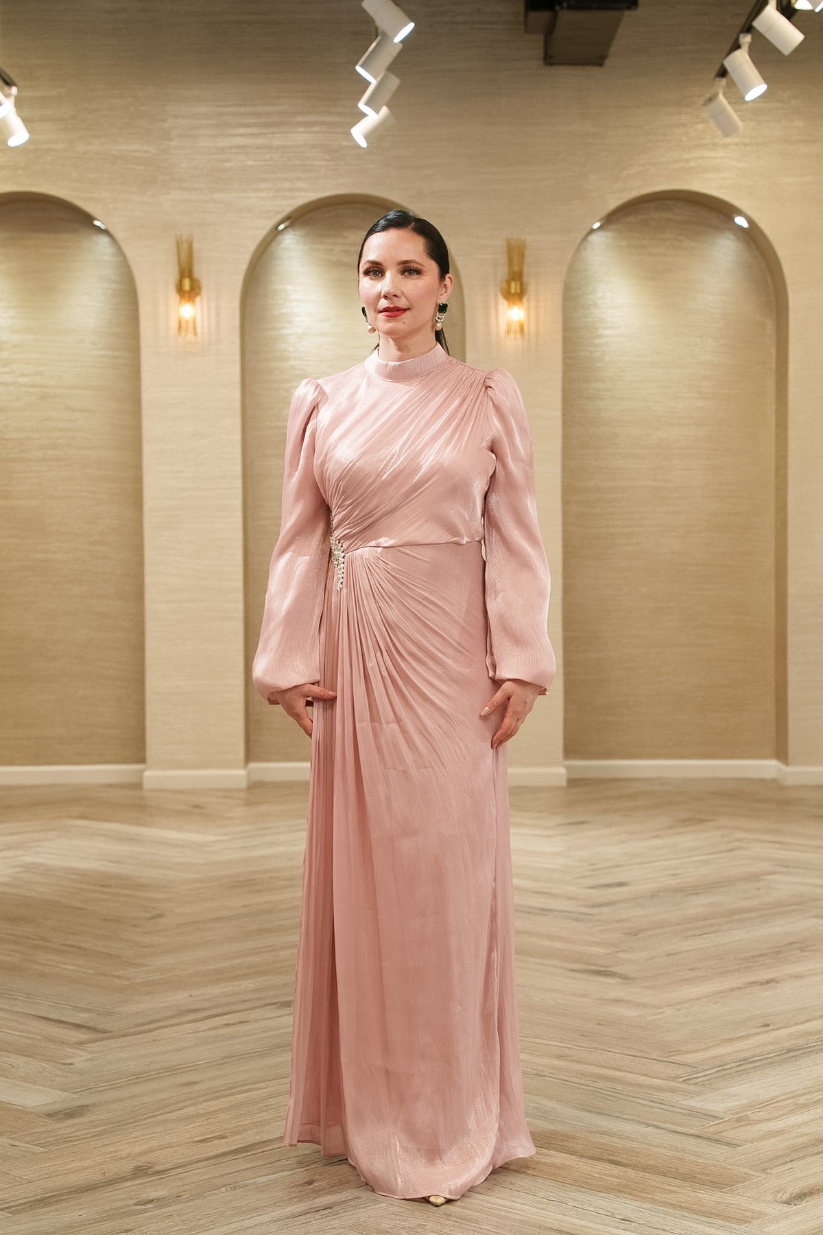 Aurora Pleated Organza Evening Gown with Crystal Brooch