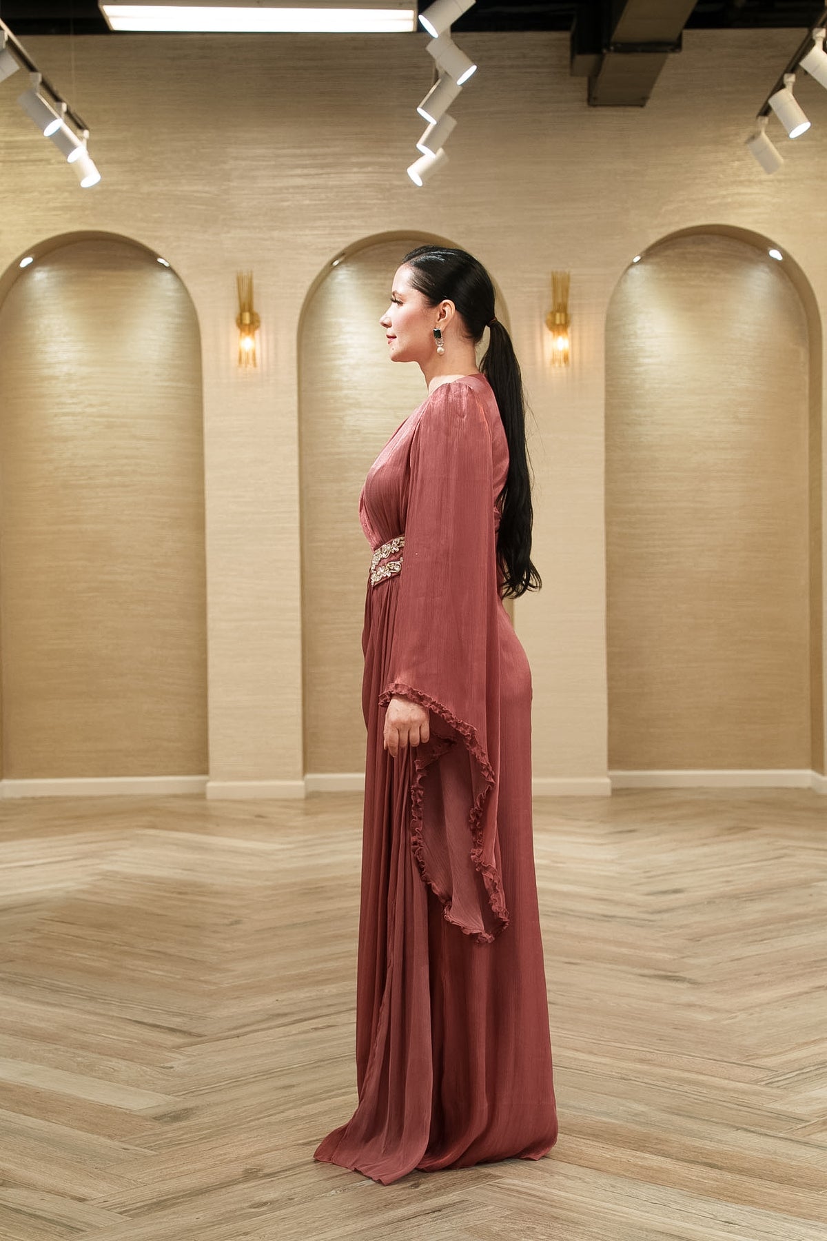 Seraphina Draped Organza Evening Gown with Cape Sleeves