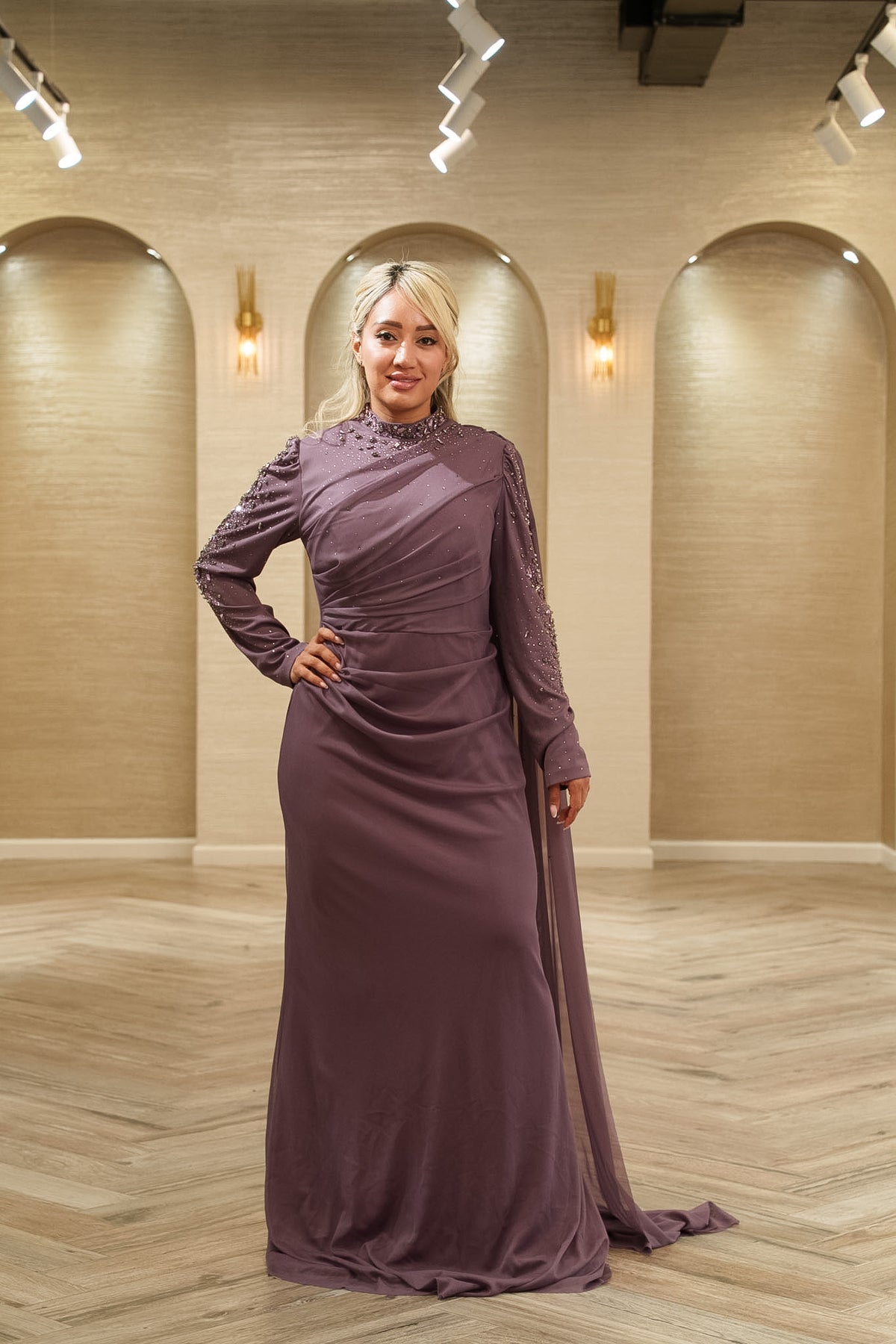 Royal Elegance Crystal Embellished Evening Gown with Shoulder Sash