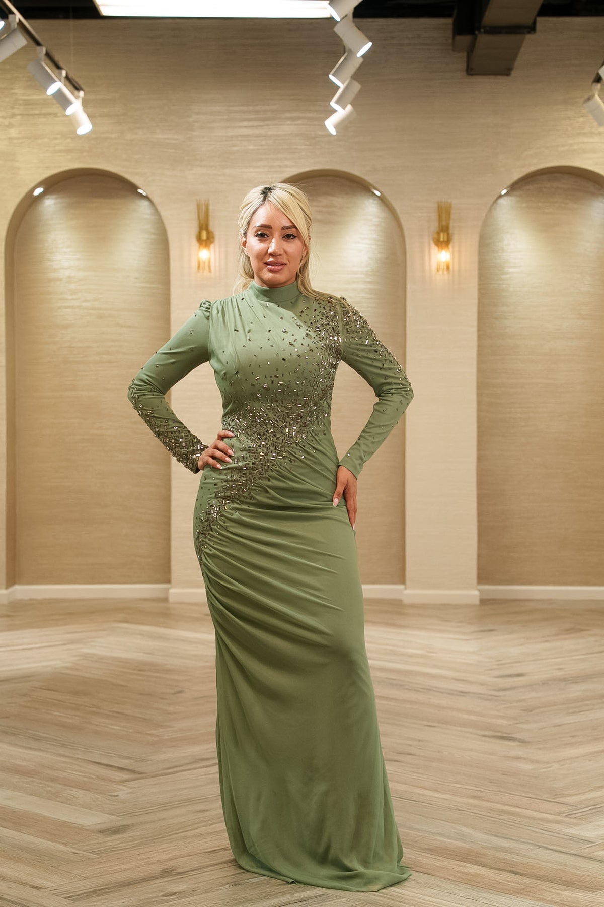 Crystal Embellished Ruched Evening Gown