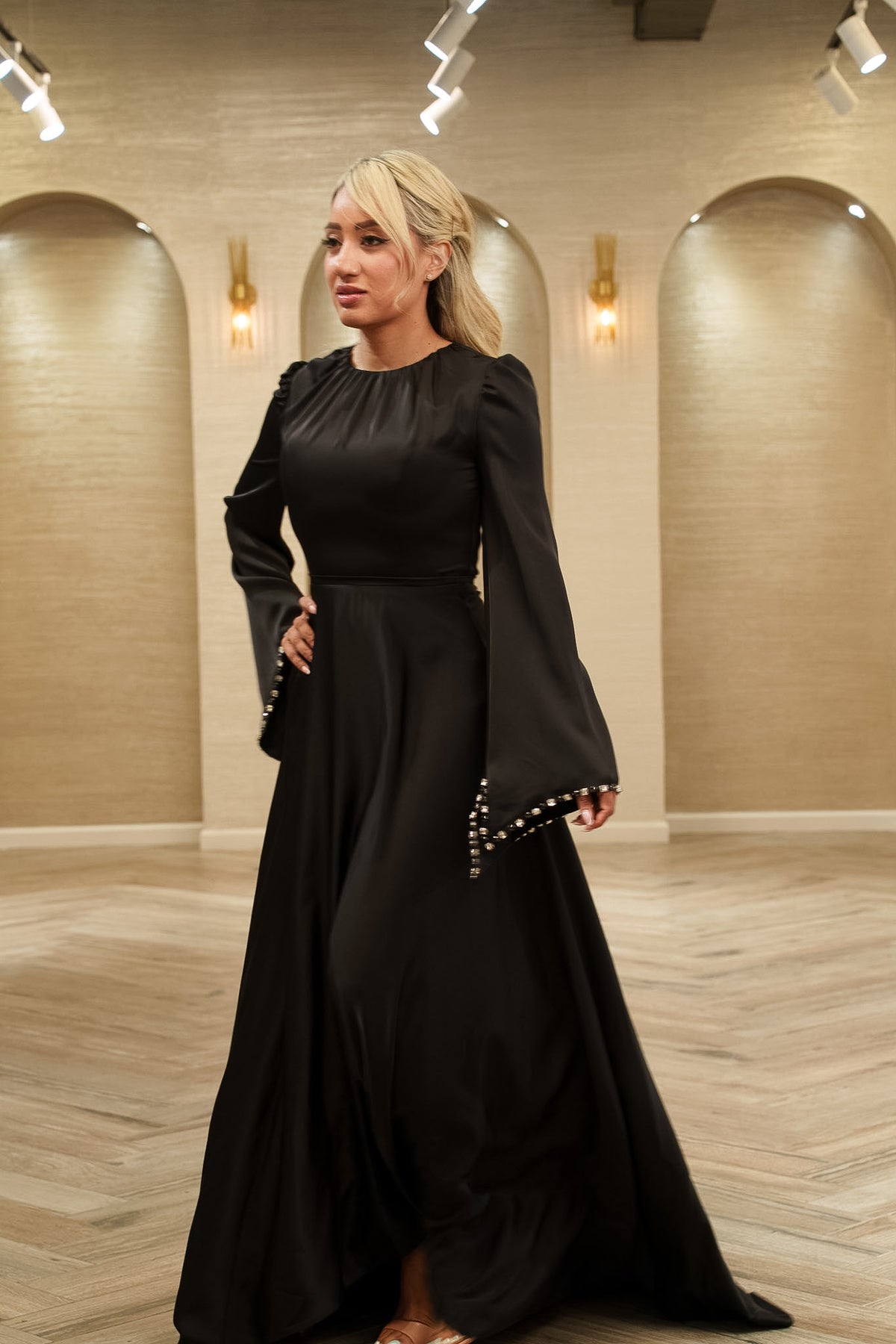 Crepe A-Line Evening Gown with Crystal Flared Sleeves