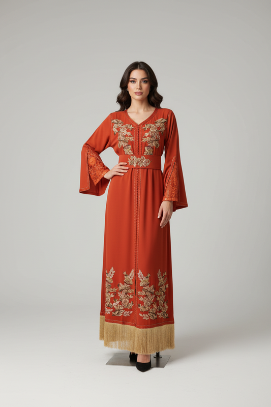Orange Embroidered Caftan with Gold Fringe