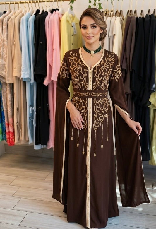 Brown Handcrafted Embroidered Caftan Long Sleeves