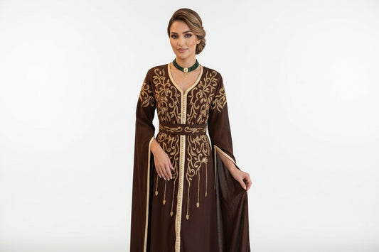 Brown Handcrafted Embroidered Caftan Long Sleeves