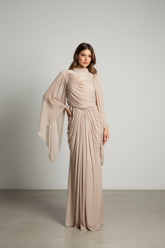 The Celeste Draped Shimmer Evening Gown - Champagne Beige