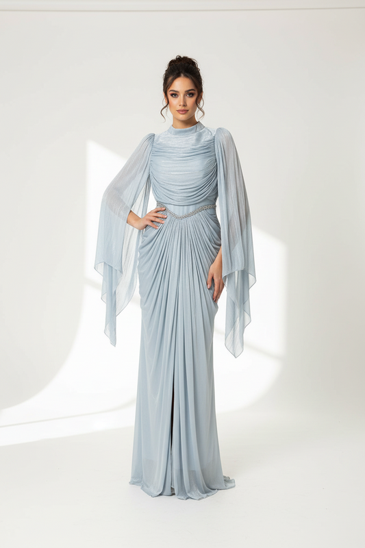 The Celeste Draped Shimmer Evening Gown - Ice Blue