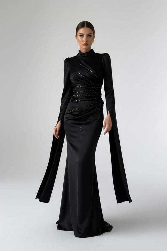 Satin Evening Dress Black With Unique Sleeve Design