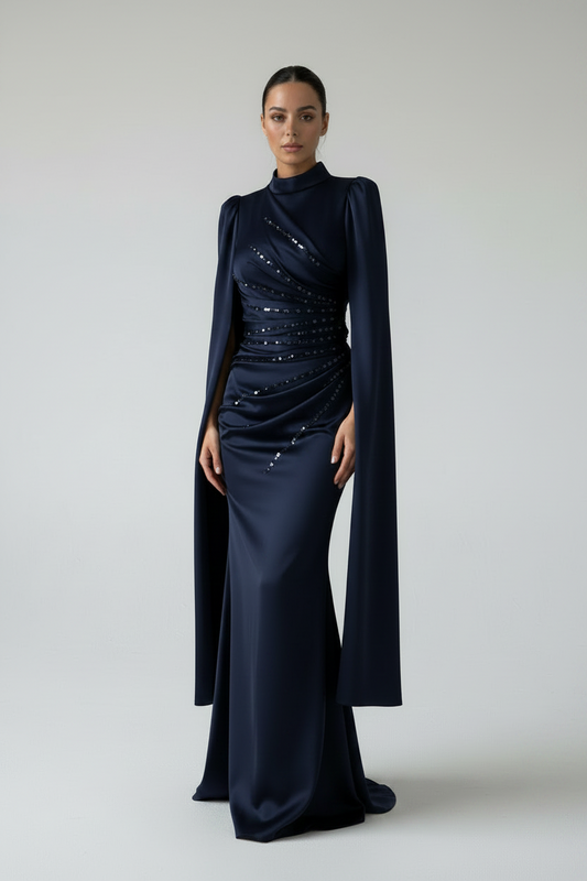 Satin Evening Dress Navy with Unique Sleeve Design
