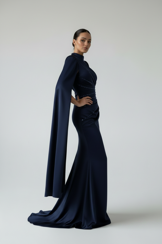 Satin Evening Dress Navy with Unique Sleeve Design