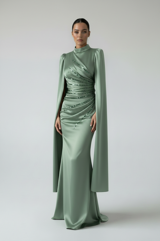 Satin Evening Dress greenwith Unique Sleeve Design