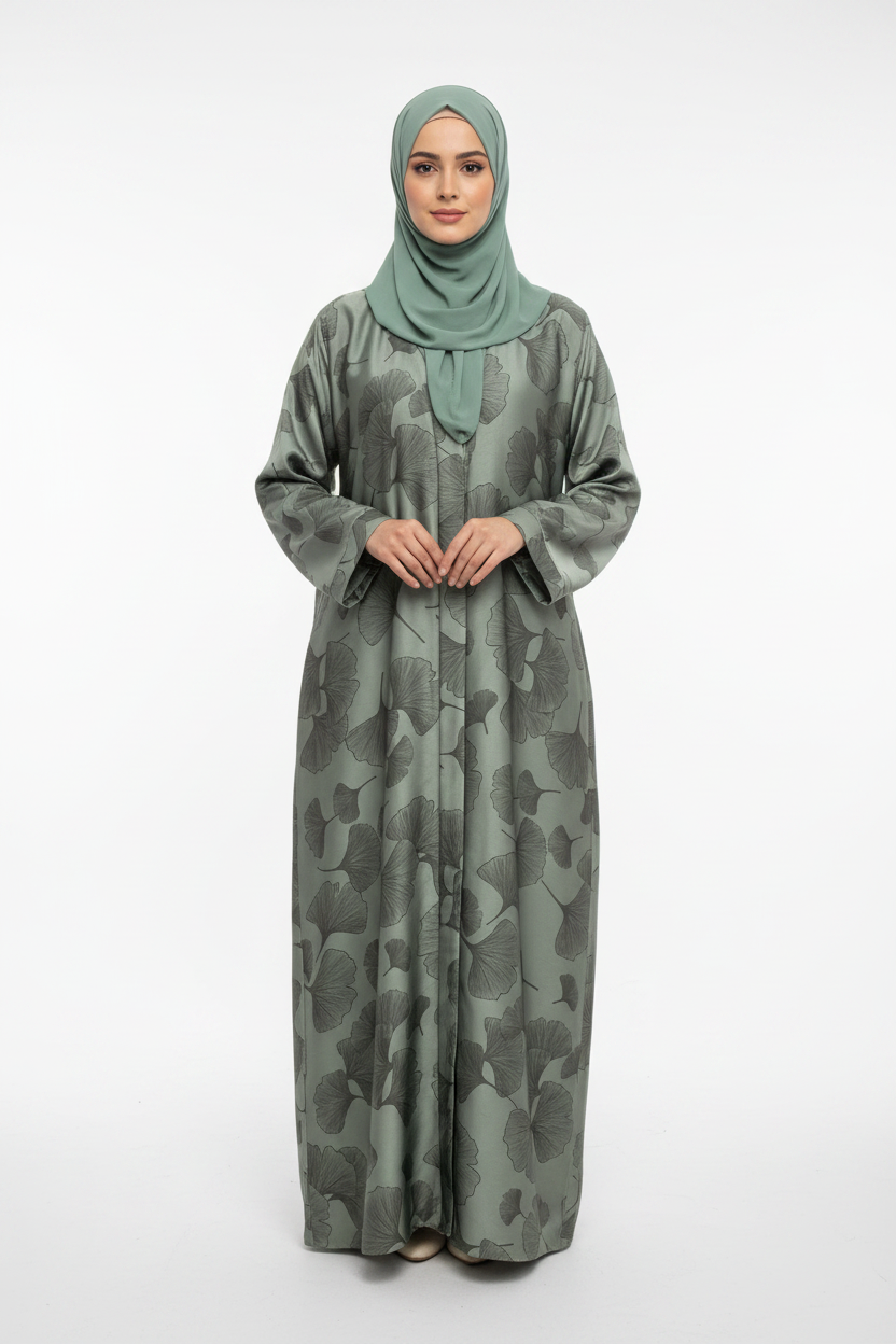 Reem Green Floral Print Satin Abaya