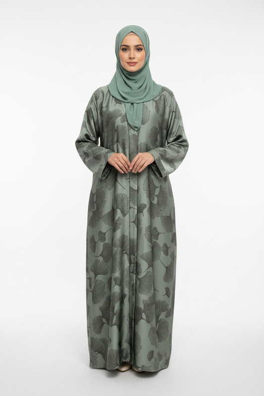 Reem Floral Satin Abaya Green