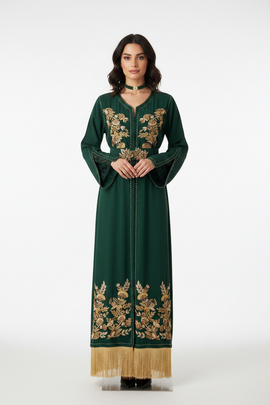 Emerald Embroidered Caftan with Gold Fringe