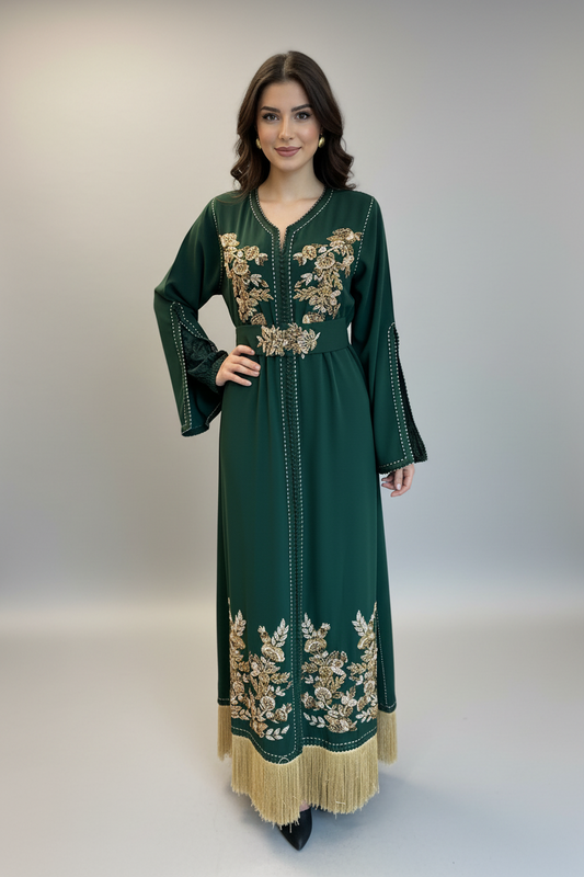 Emerald Embroidered Caftan with Gold Fringe