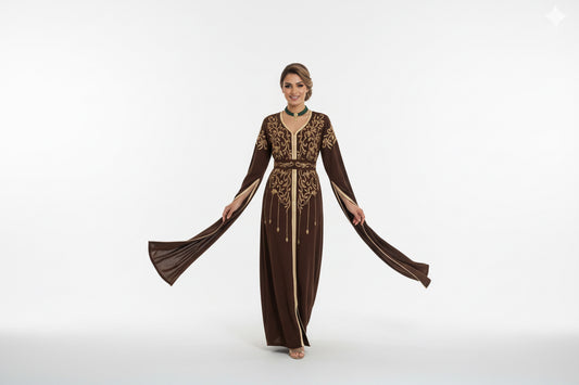 Brown Handcrafted Embroidered Caftan Long Sleeves