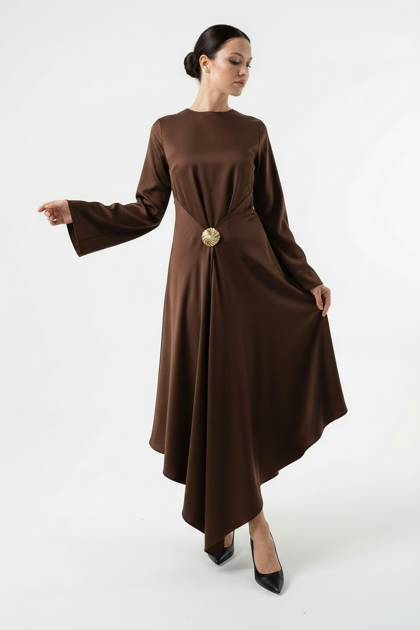 Actuel Satin Maxi Dress with Rosette Brooch