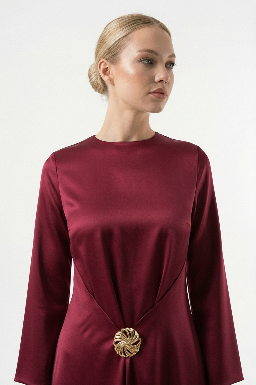 Actuel Satin Maxi Dress with Rosette Brooch