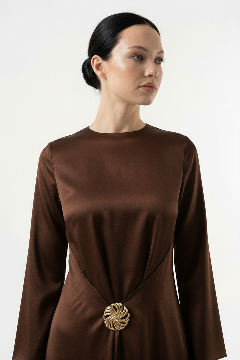 Actuel Satin Maxi Dress with Rosette Brooch