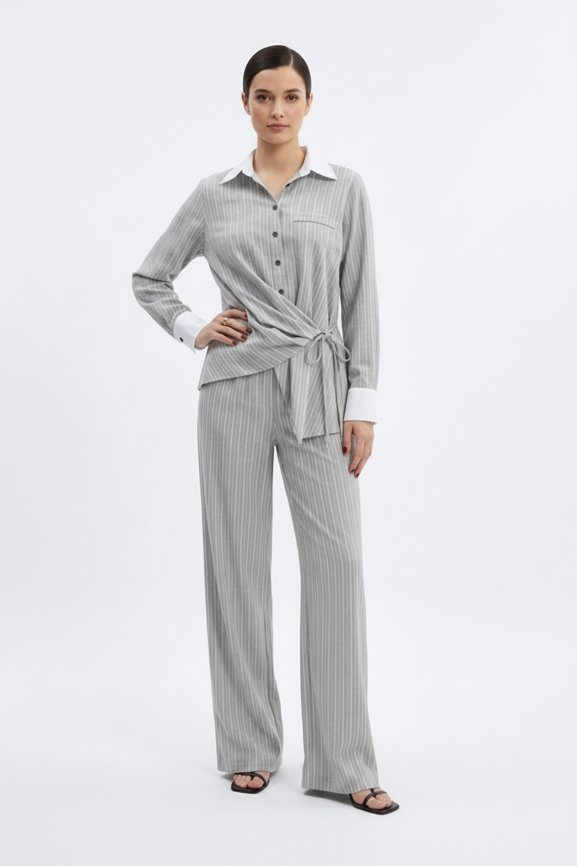 Actuel Pinstripe Linen Wrap Top & Wide-Leg Pants Co-ord Set