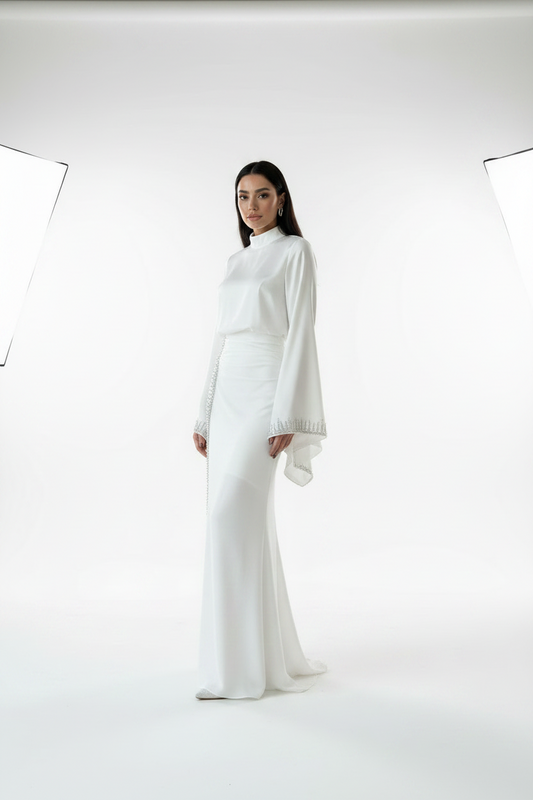 The white Flowing Sleeve Sparkly Embroidered Satin