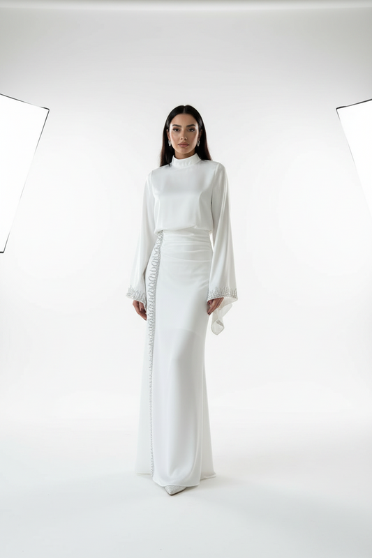 The white Flowing Sleeve Sparkly Embroidered Satin