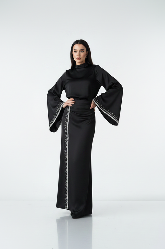 The black Flowing Sleeve Sparkly Embroidered Satin